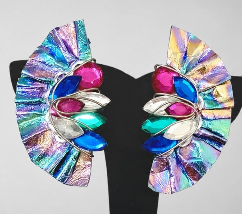 Vintage Pierced Earrings 2.25" Large Lucite Blue Pink Fans Mogul Diva cd